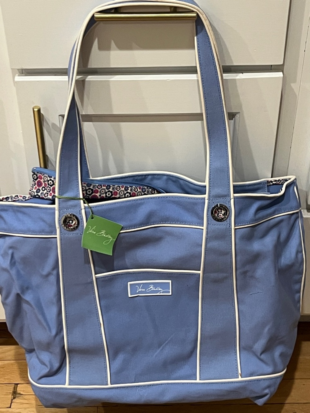 Vera Bradley Blue Tote with White Trim and Floral Lining… LARGE